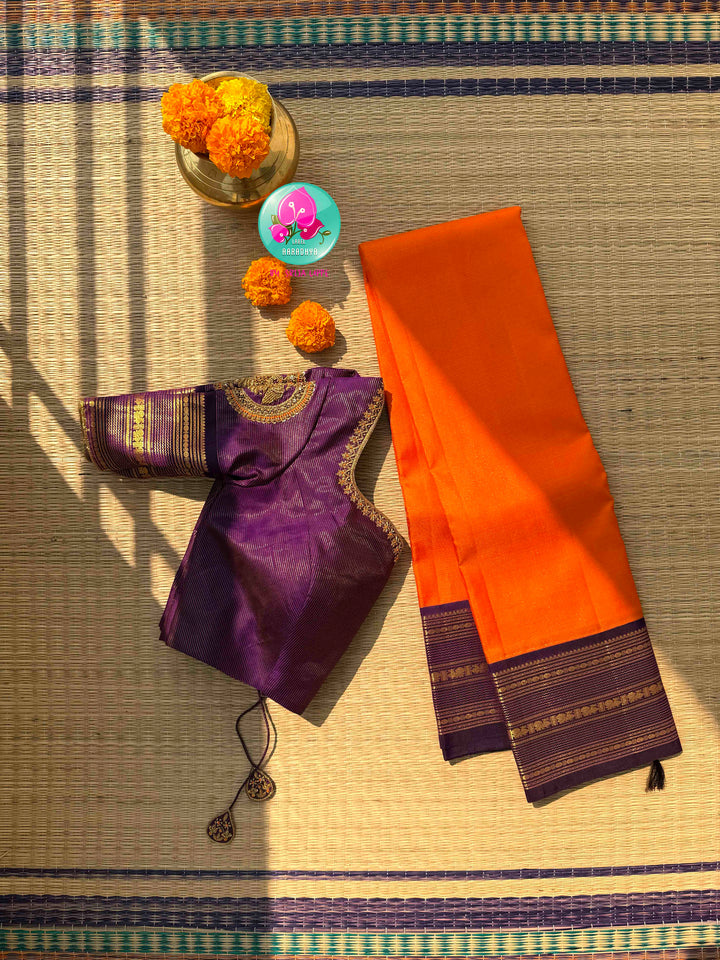 Saffron Sun & Imperial Amethyst: Orange Vaira Oosi Kanchipattu saree with Vintage Majesty