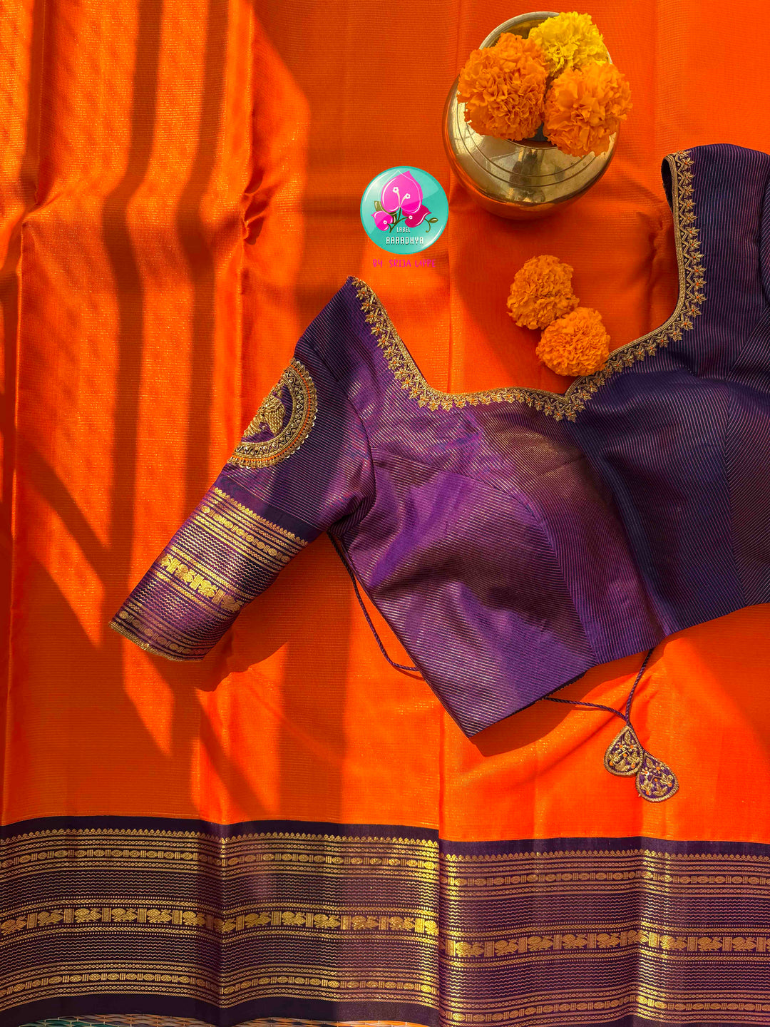 Saffron Sun & Imperial Amethyst: Orange Vaira Oosi Kanchipattu saree with Vintage Majesty