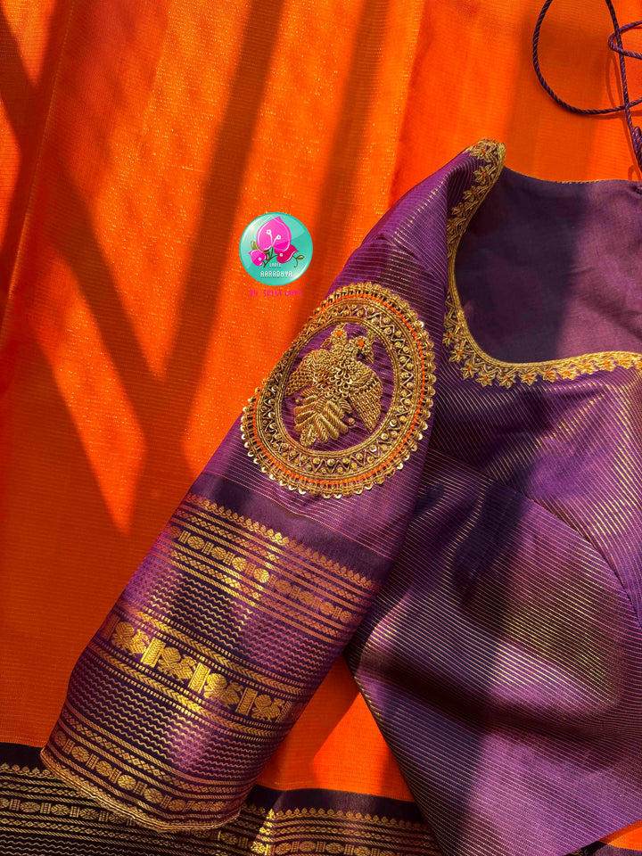 Saffron Sun & Imperial Amethyst: Orange Vaira Oosi Kanchipattu saree with Vintage Majesty