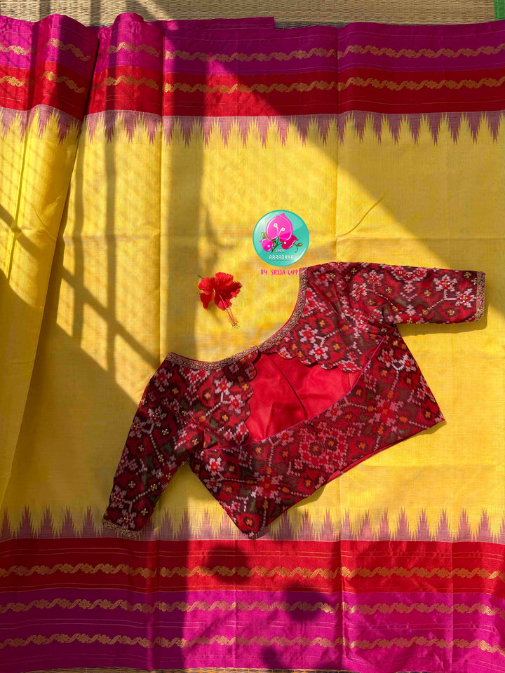 Traditional Crafts Nu Anupam Sangam: Pure Handloom Ponduru Khadi Silk Saree With Kanchi Style Border & Pure Patola Silk Fusion Blouse