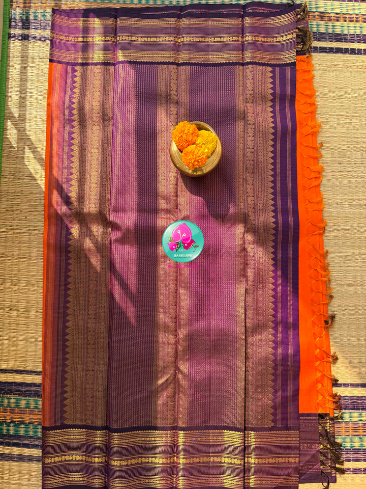 Saffron Sun & Imperial Amethyst: Orange Vaira Oosi Kanchipattu saree with Vintage Majesty