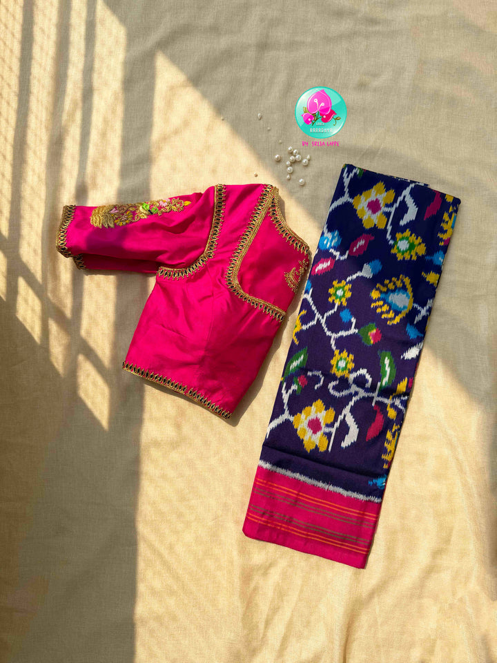 Sapphire Canopy & Sacred Echoes: Dark Blue Pure Ikkat Patola Saree with Artisan Pink Blouse