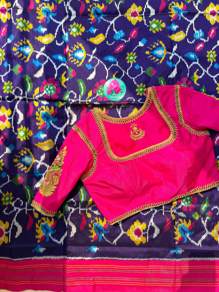 Sapphire Canopy & Sacred Echoes: Dark Blue Pure Ikkat Patola Saree with Artisan Pink Blouse
