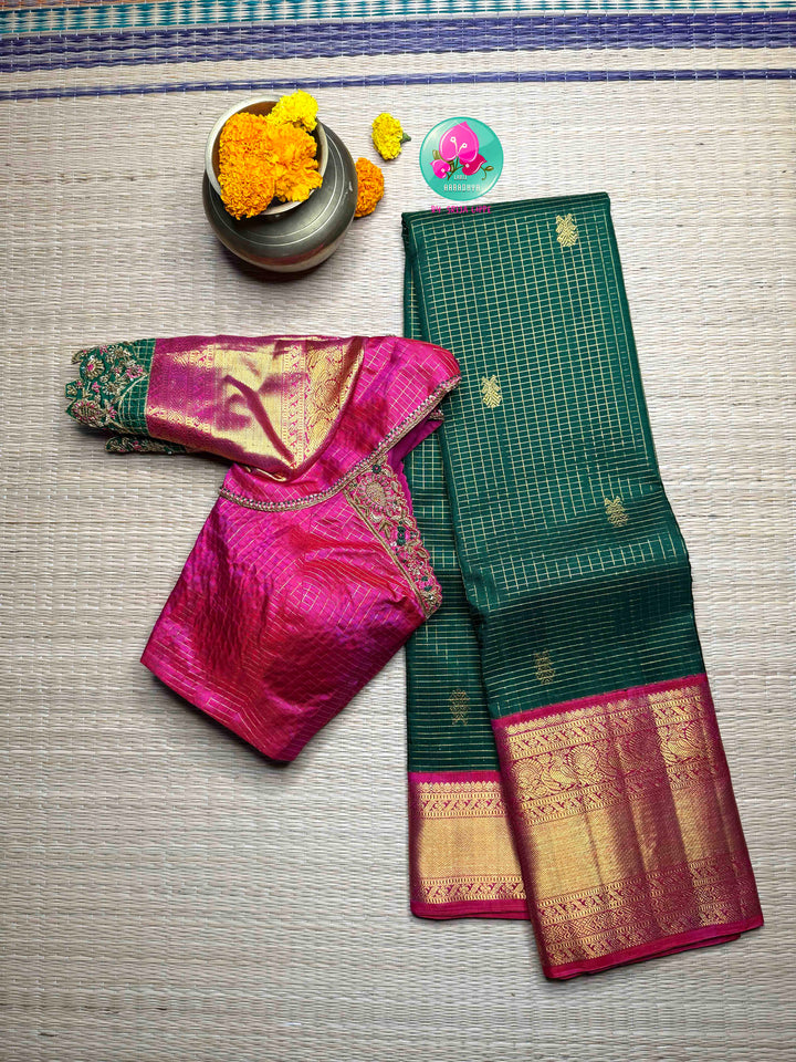 Vintage Royalty & Metallic Shimmer: Bottle Green Vaira Oosi Pure Kanchipattu Silk Saree with Magenta Pink Maggam Embroidered Blouse