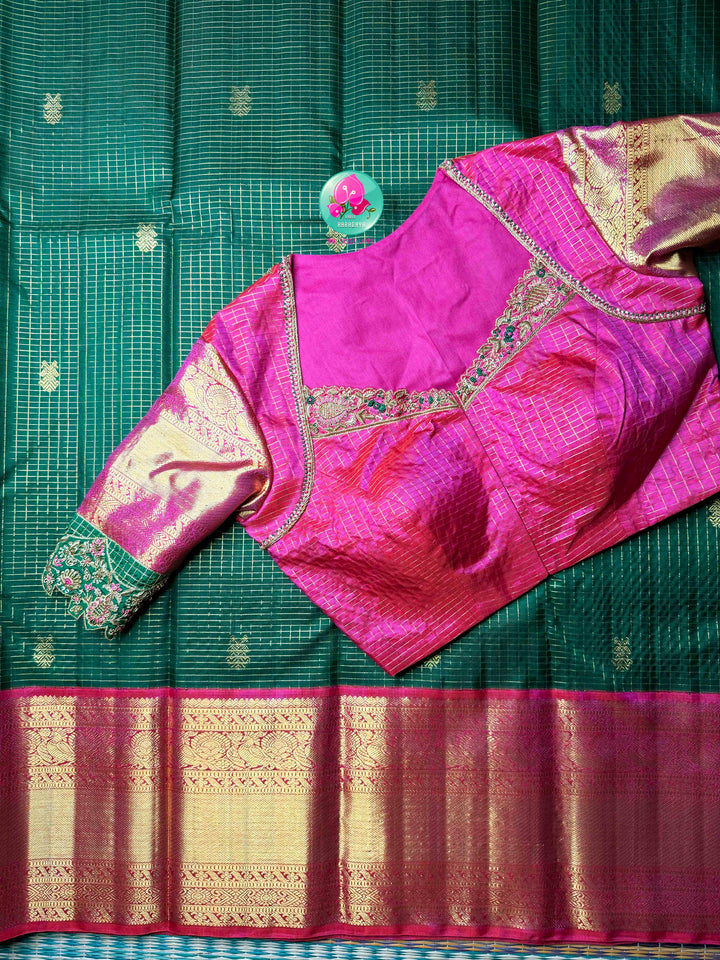 Vintage Royalty & Metallic Shimmer: Bottle Green Vaira Oosi Pure Kanchipattu Silk Saree with Magenta Pink Maggam Embroidered Blouse
