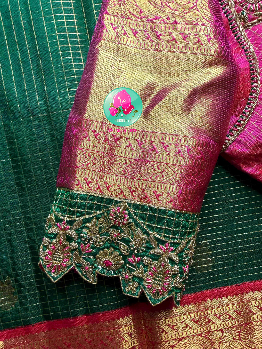 Vintage Royalty & Metallic Shimmer: Bottle Green Vaira Oosi Pure Kanchipattu Silk Saree with Magenta Pink Maggam Embroidered Blouse