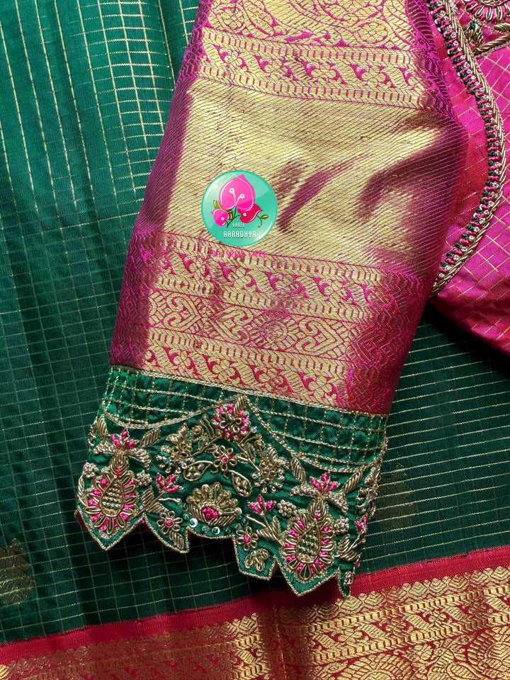 Vintage Royalty & Metallic Shimmer: Bottle Green Vaira Oosi Pure Kanchipattu Silk Saree with Magenta Pink Maggam Embroidered Blouse
