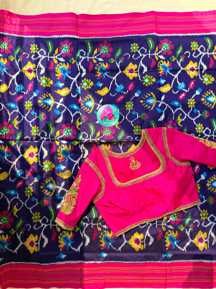 Sapphire Canopy & Sacred Echoes: Dark Blue Pure Ikkat Patola Saree with Artisan Pink Blouse