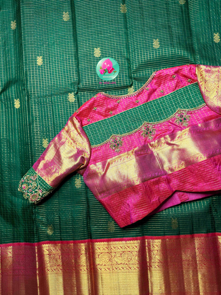 Vintage Royalty & Metallic Shimmer: Bottle Green Vaira Oosi Pure Kanchipattu Silk Saree with Magenta Pink Maggam Embroidered Blouse
