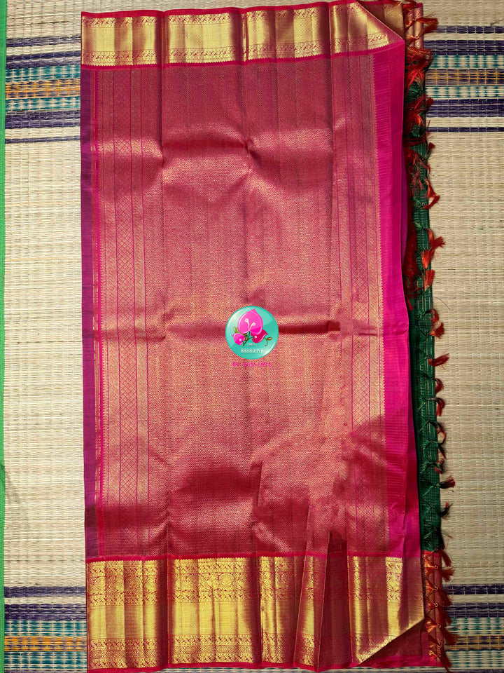Vintage Royalty & Metallic Shimmer: Bottle Green Vaira Oosi Pure Kanchipattu Silk Saree with Magenta Pink Maggam Embroidered Blouse