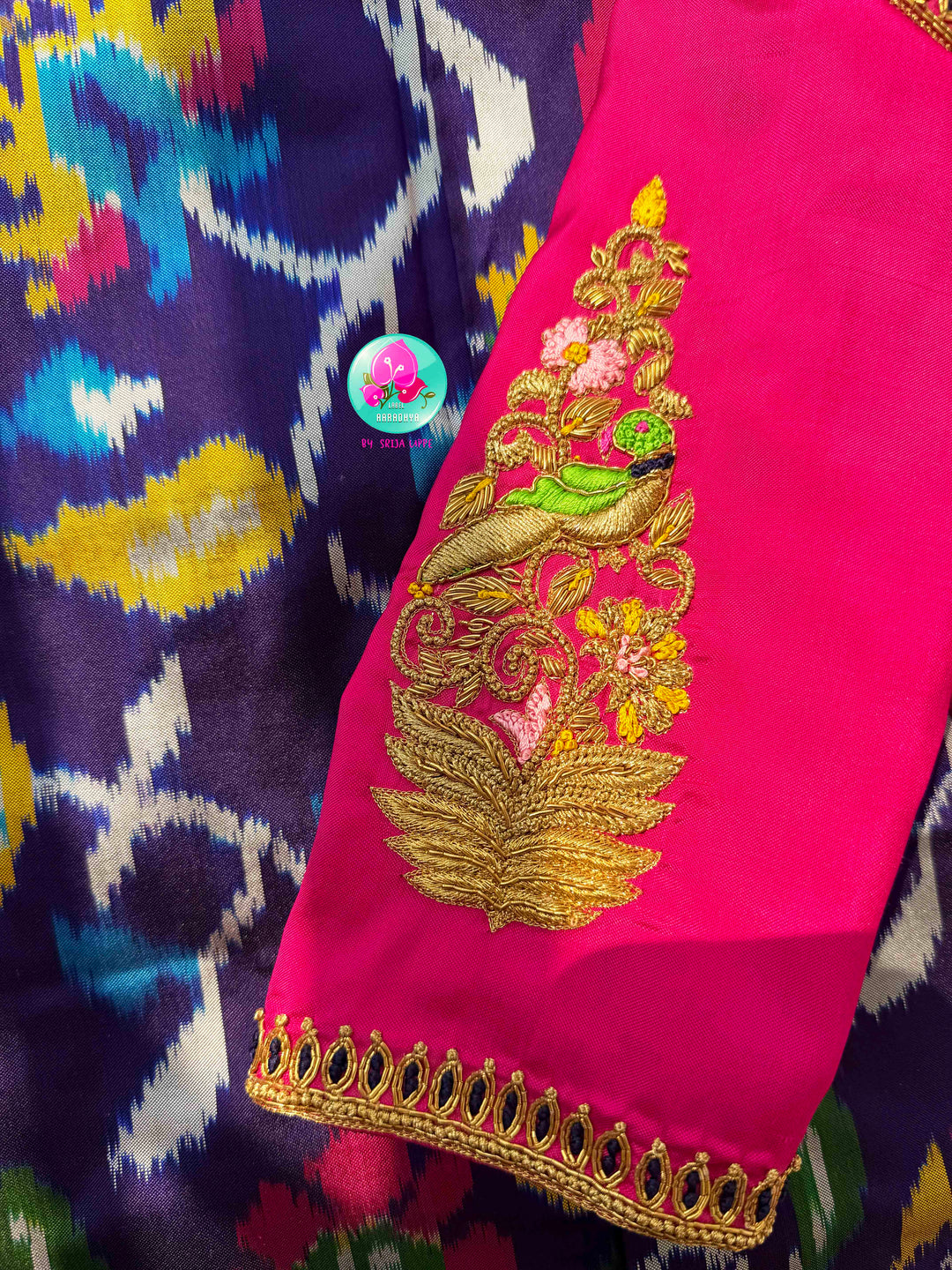 Sapphire Canopy & Sacred Echoes: Dark Blue Pure Ikkat Patola Saree with Artisan Pink Blouse