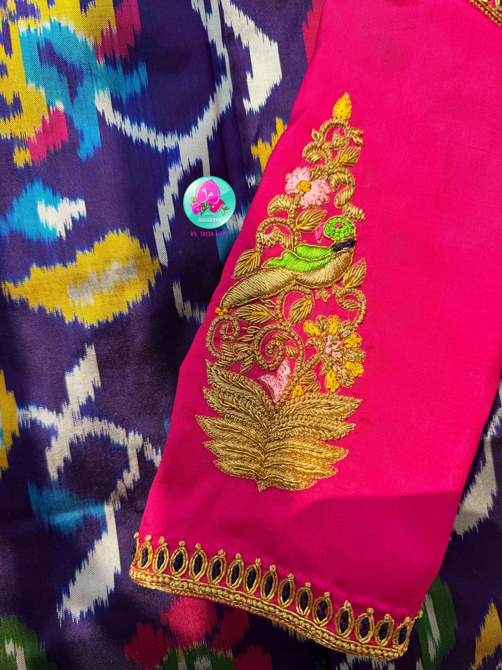 Sapphire Canopy & Sacred Echoes: Dark Blue Pure Ikkat Patola Saree with Artisan Pink Blouse