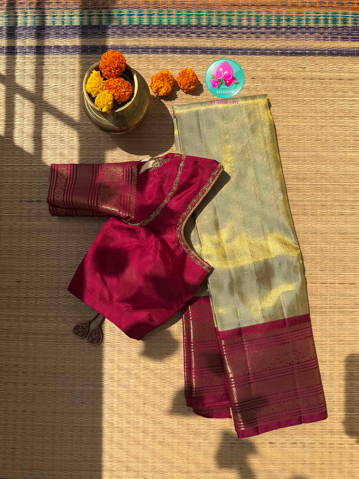 Heirloom Regalia & Metallic Splendor: Squirrel Grey 2G Pure Kanchipattu Silk Saree with Crimson Red Border & Hand-Embroidered Puligoru Blouse