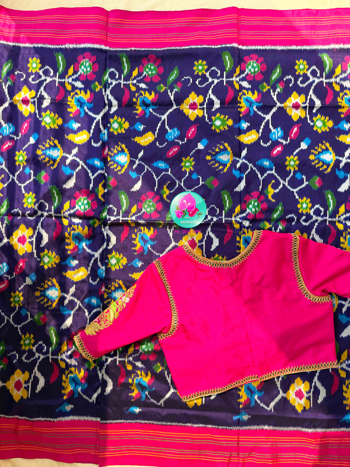 Sapphire Canopy & Sacred Echoes: Dark Blue Pure Ikkat Patola Saree with Artisan Pink Blouse