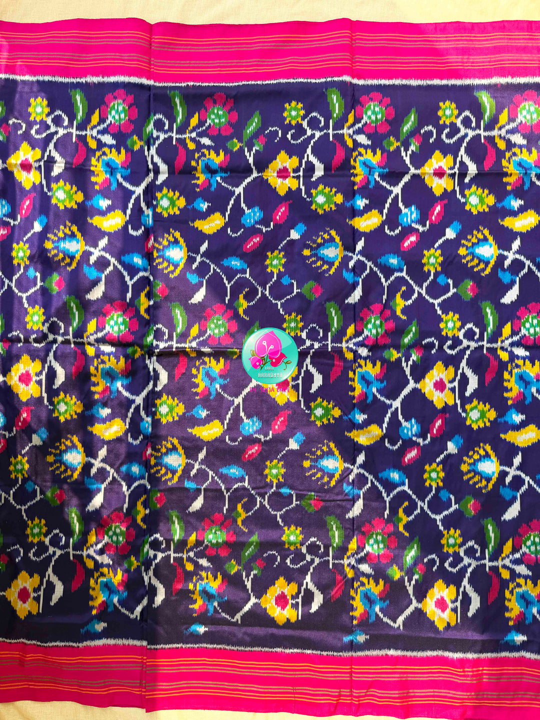 Sapphire Canopy & Sacred Echoes: Dark Blue Pure Ikkat Patola Saree with Artisan Pink Blouse