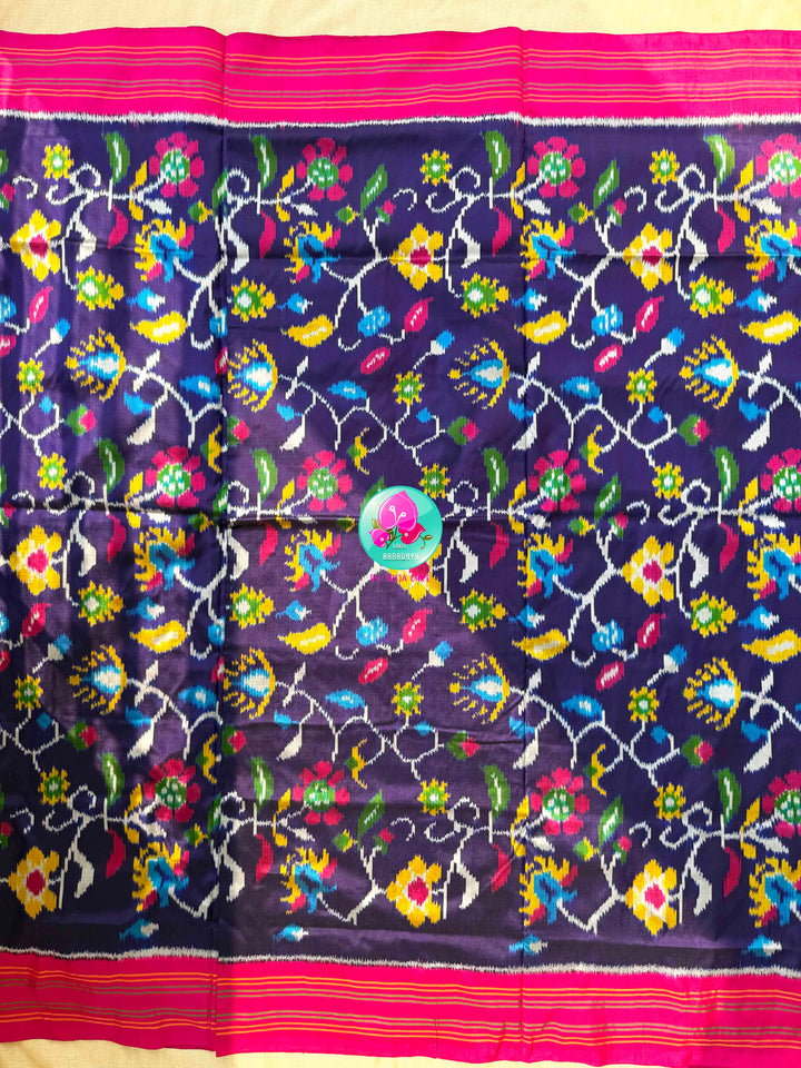 Sapphire Canopy & Sacred Echoes: Dark Blue Pure Ikkat Patola Saree with Artisan Pink Blouse