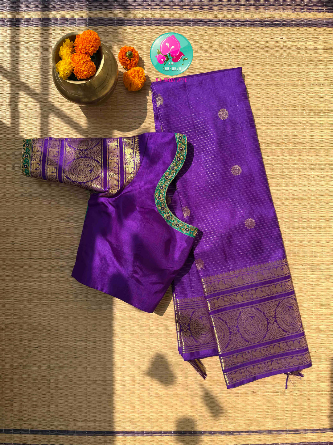 Monochromatic Imperial Majesty: Pure Royal Purple Kanjeevaram Silk Saree with Vaira Oosi Weave & Emerald-Trimmed Maggam Blouse
