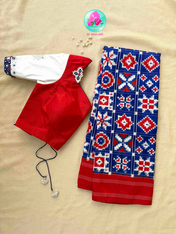 The Twelve Chronicles: Pure Telia Rumal Ikkat Saree in Red & Blue with Mirrored Silk Artistry