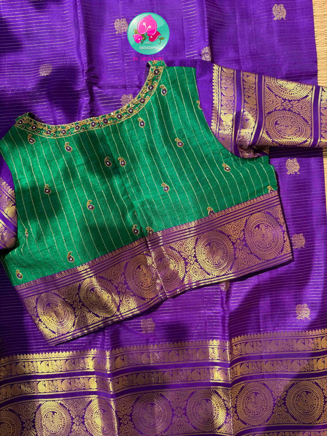 Monochromatic Imperial Majesty: Pure Royal Purple Kanjeevaram Silk Saree with Vaira Oosi Weave & Emerald-Trimmed Maggam Blouse