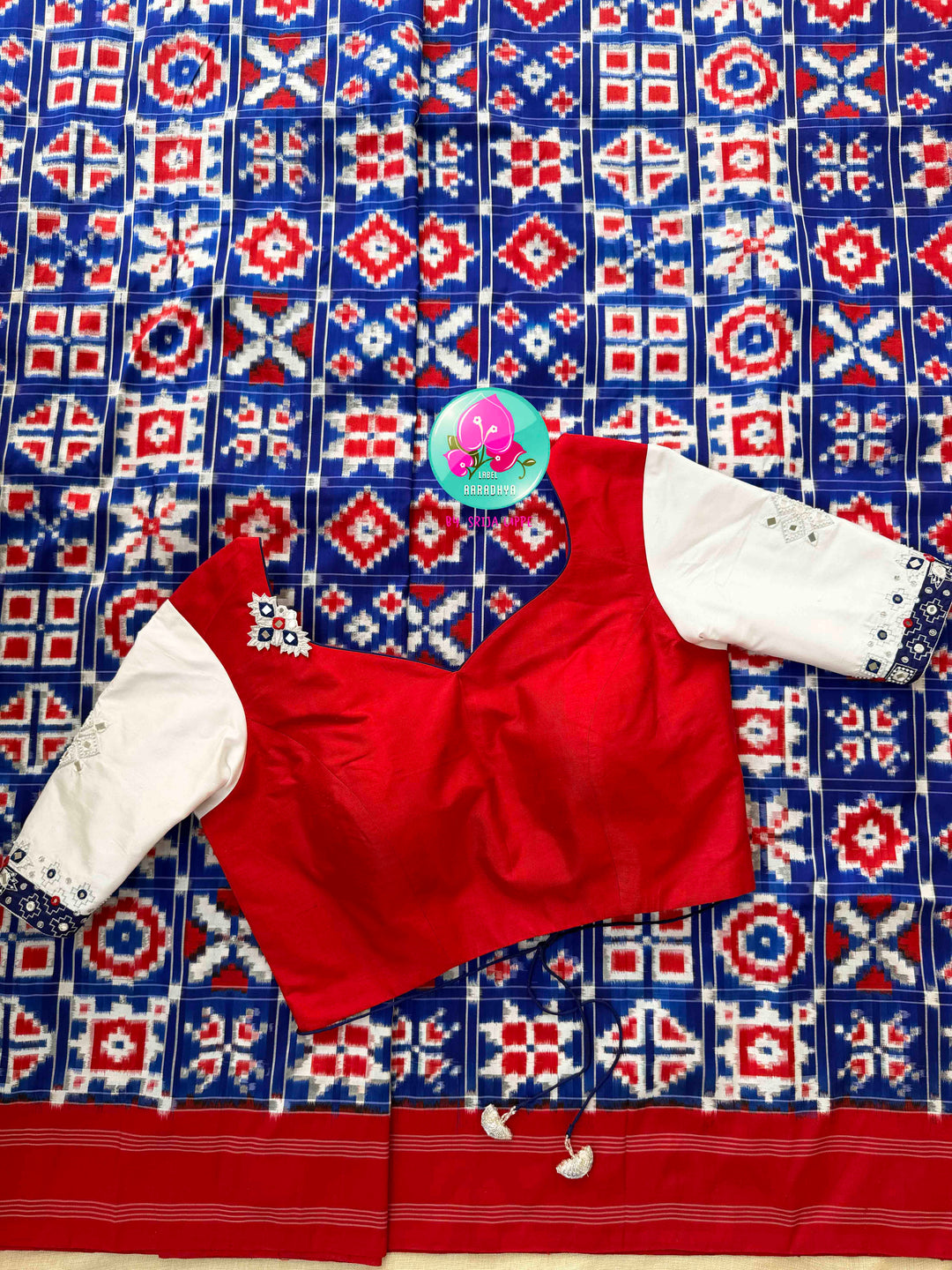 The Twelve Chronicles: Pure Telia Rumal Ikkat Saree in Red & Blue with Mirrored Silk Artistry