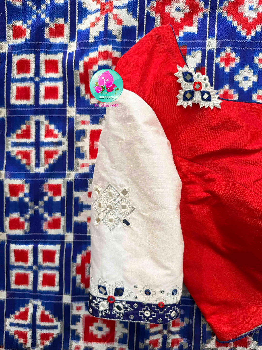 The Twelve Chronicles: Pure Telia Rumal Ikkat Saree in Red & Blue with Mirrored Silk Artistry