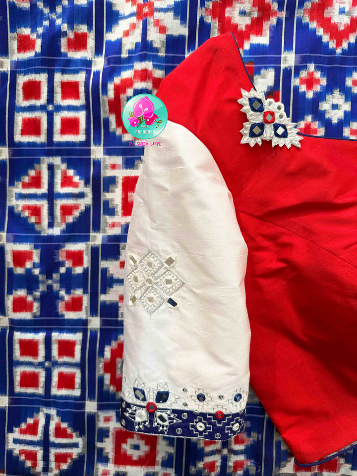 The Twelve Chronicles: Pure Telia Rumal Ikkat Saree in Red & Blue with Mirrored Silk Artistry