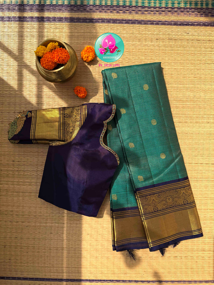 Regal Peacock Radiance & Imperial Purple Grace: Pure Peacock Green Vaira Oosi Kanjeevaram Silk Saree with Dark Purple Hand-Embroidered Blouse