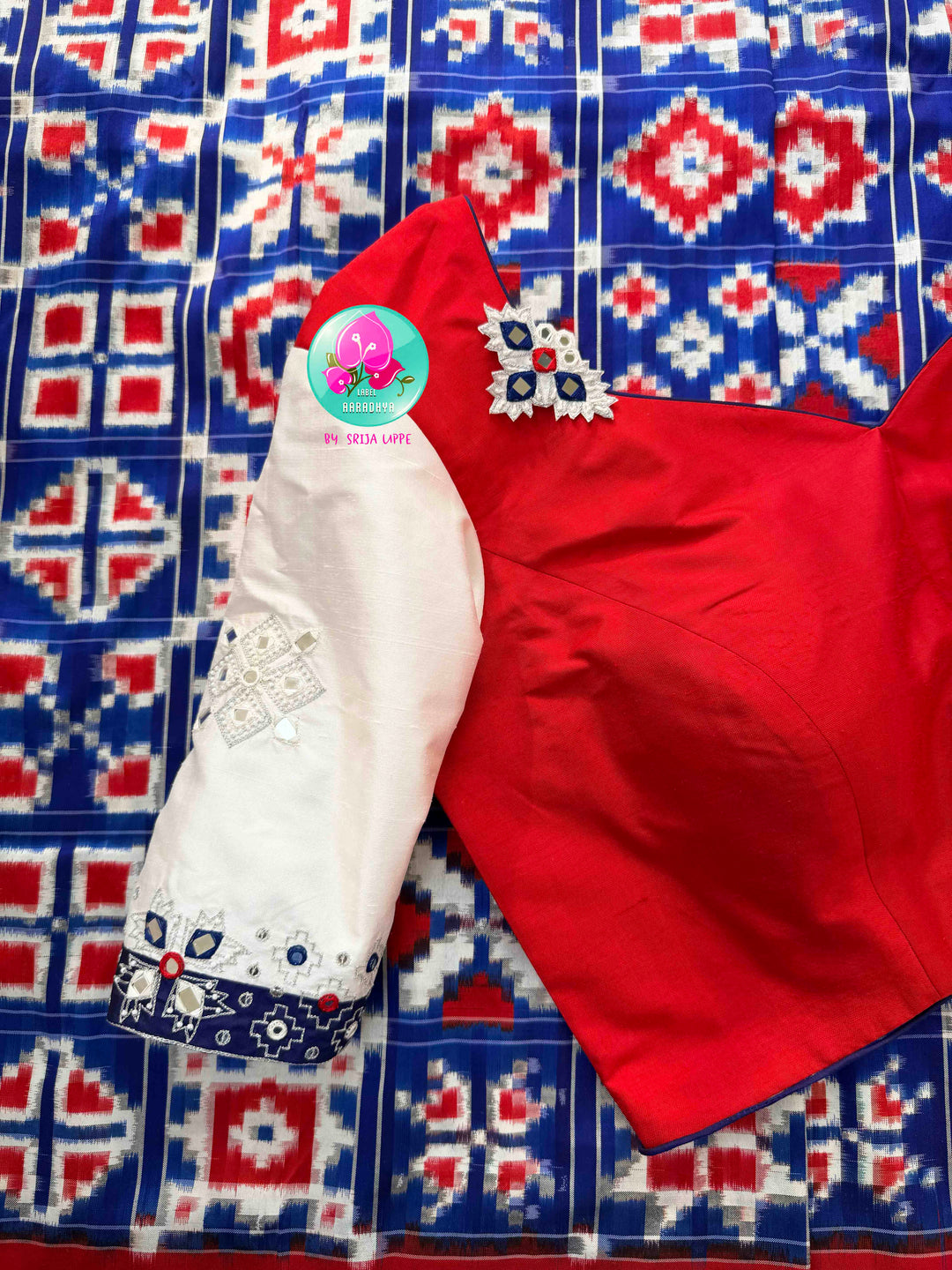 The Twelve Chronicles: Pure Telia Rumal Ikkat Saree in Red & Blue with Mirrored Silk Artistry