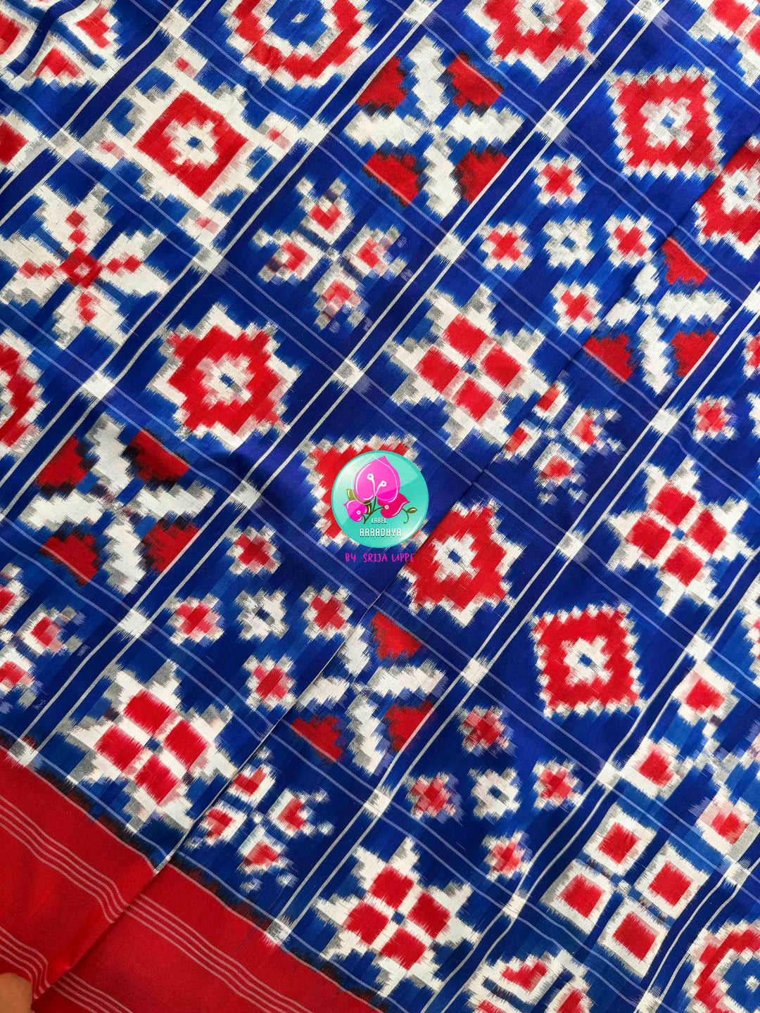 The Twelve Chronicles: Pure Telia Rumal Ikkat Saree in Red & Blue with Mirrored Silk Artistry