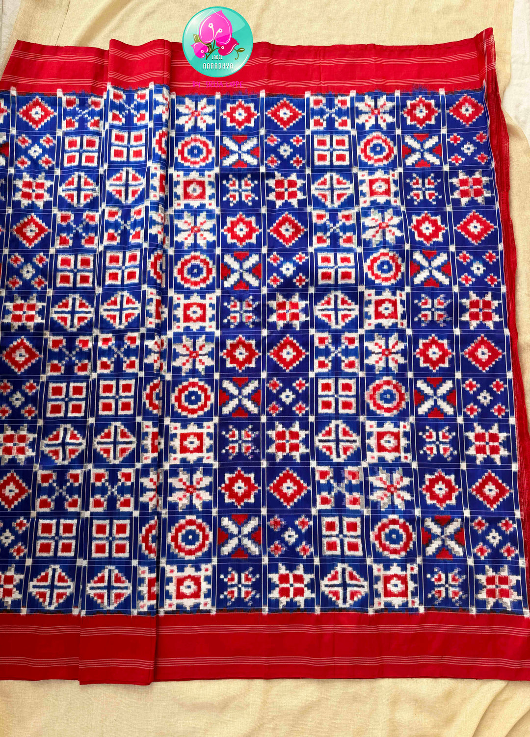 The Twelve Chronicles: Pure Telia Rumal Ikkat Saree in Red & Blue with Mirrored Silk Artistry