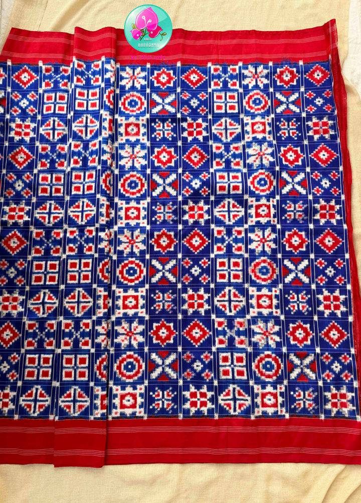 The Twelve Chronicles: Pure Telia Rumal Ikkat Saree in Red & Blue with Mirrored Silk Artistry