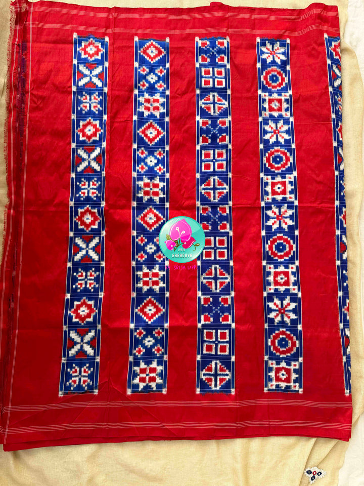 The Twelve Chronicles: Pure Telia Rumal Ikkat Saree in Red & Blue with Mirrored Silk Artistry