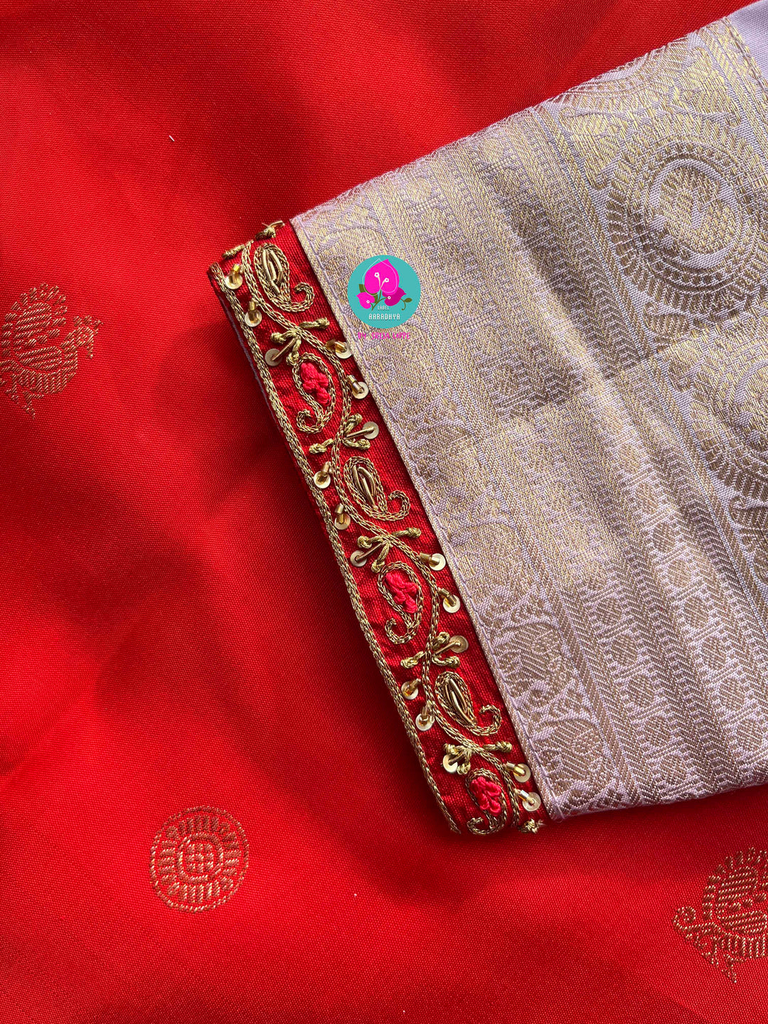 Pure Kanchipattu Red Saree with Hand embroidered Lavender blouse