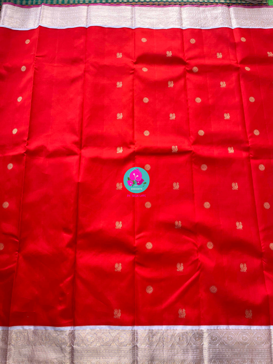 Pure Kanchipattu Red Saree with Hand embroidered Lavender blouse