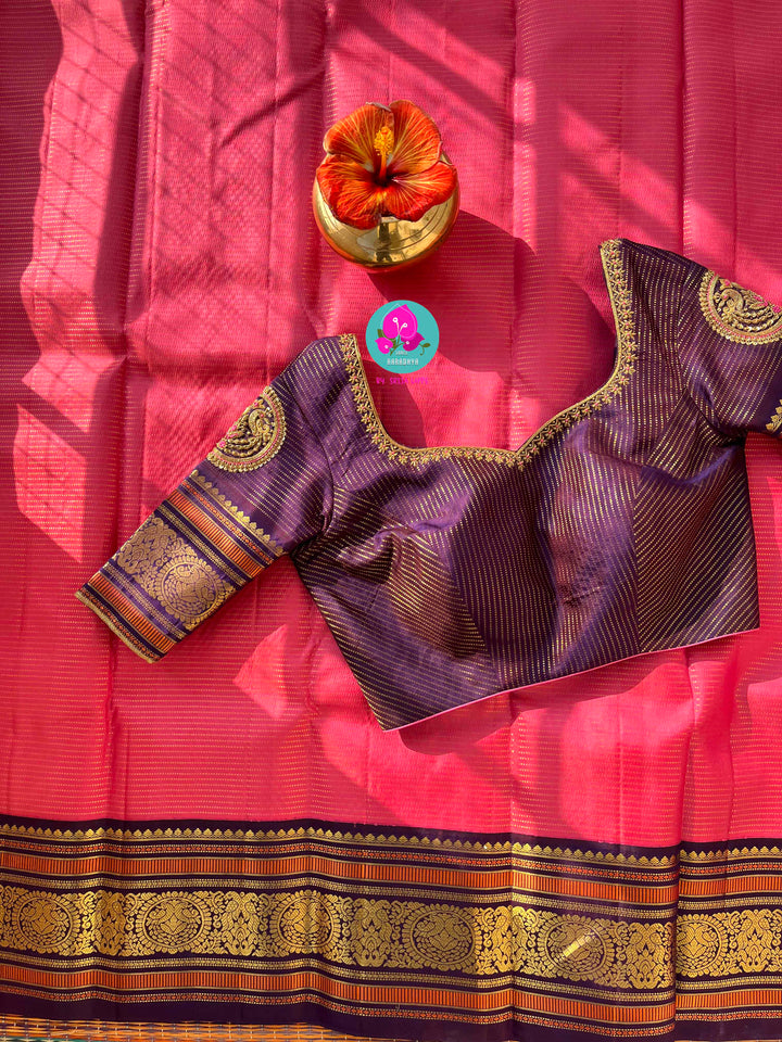 3g zari vaira oosi design traditional vintage peacock border Kanchipattu saree