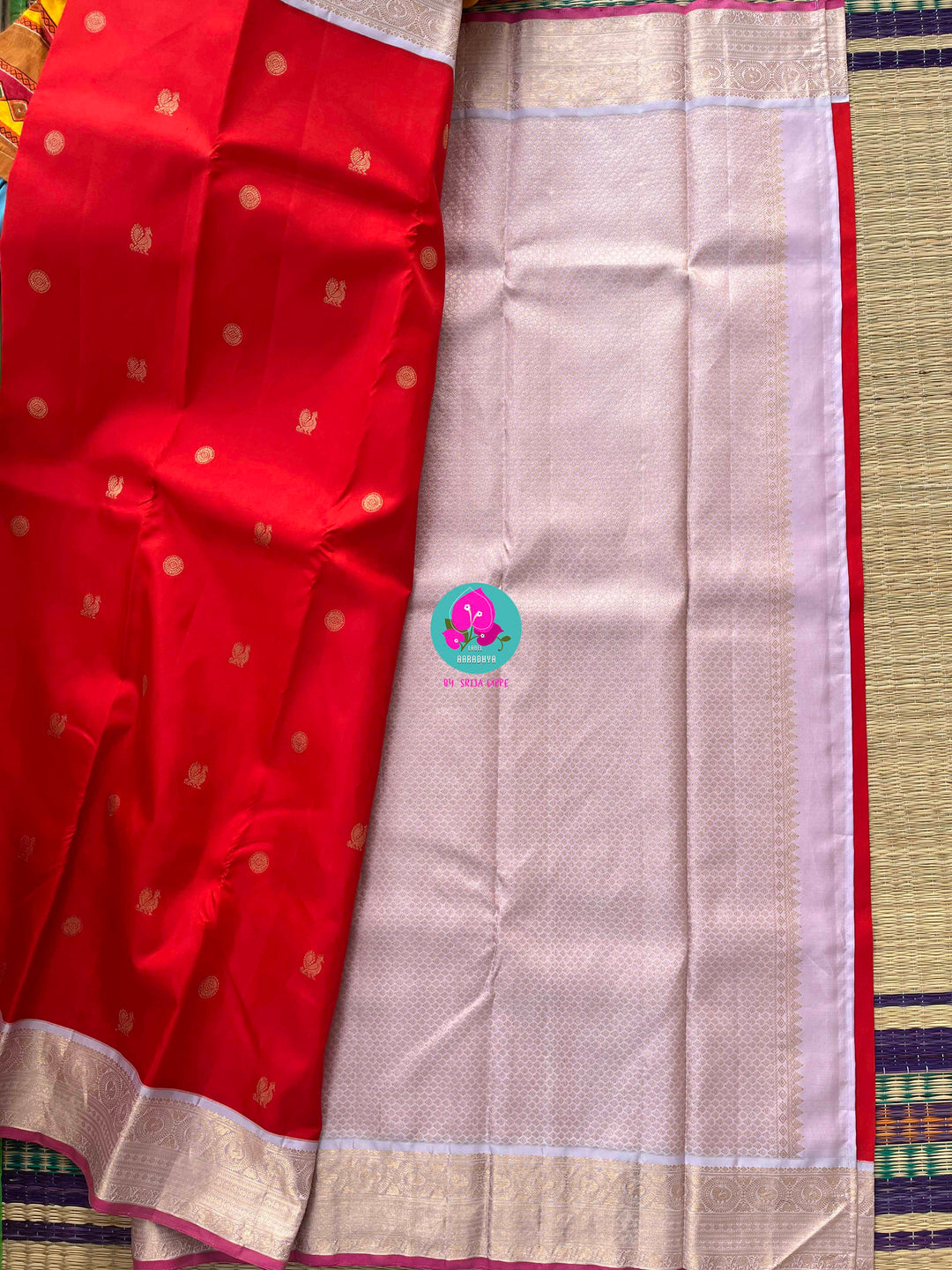 Pure Kanchipattu Red Saree with Hand embroidered Lavender blouse