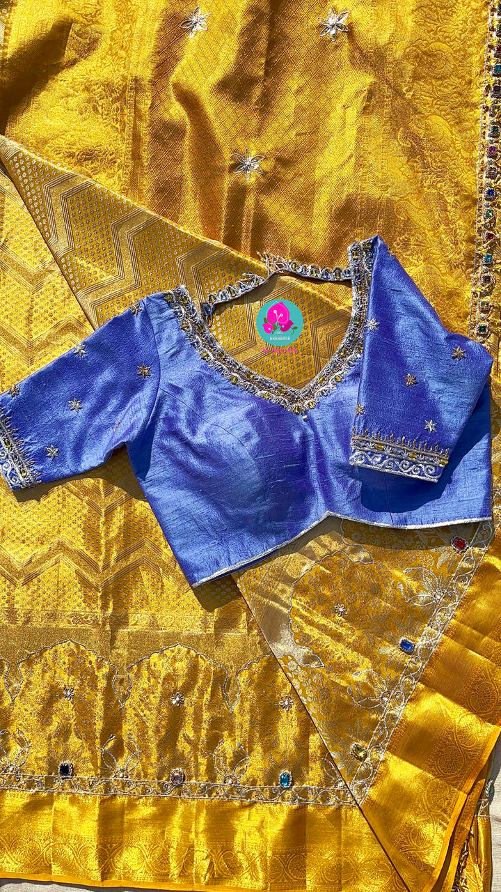 Pure Kanjeevaram silk saree Paired with Maggam worked Pure silk blouse