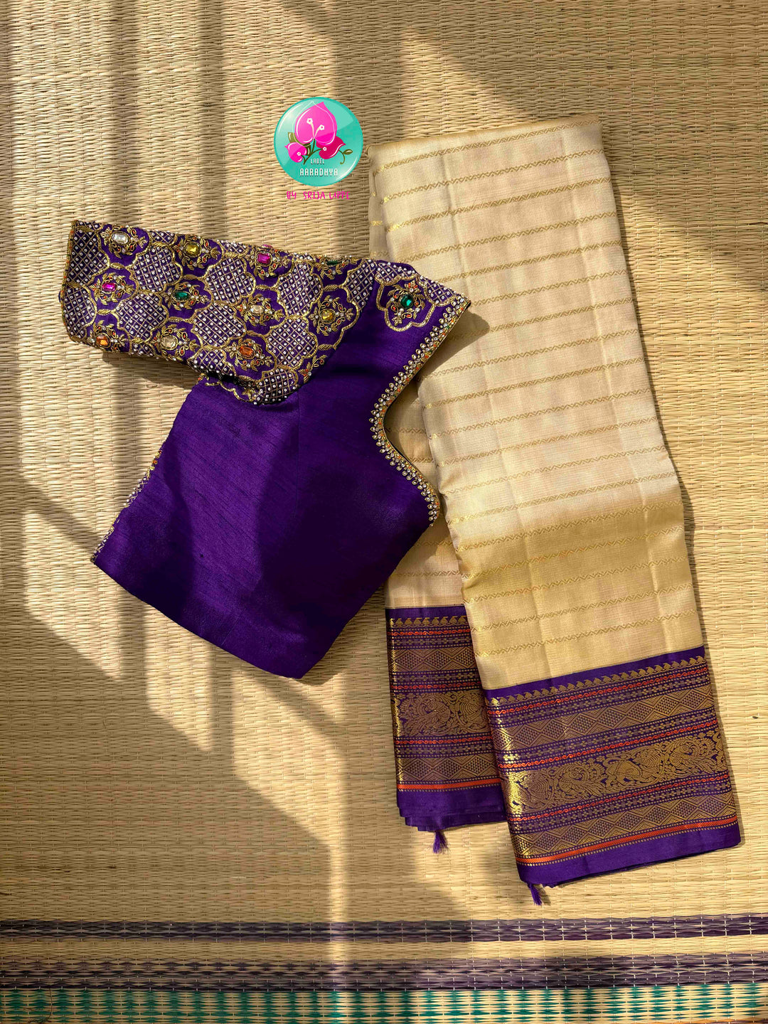 Celestial Gilded Luminance & Imperial Purple Opulence: Pure 3G Kanchipattu Silk Saree in Moonlit Gold Tissue with Vaira Oosi & Heavy Jewel-Embroidered Silk Blouse