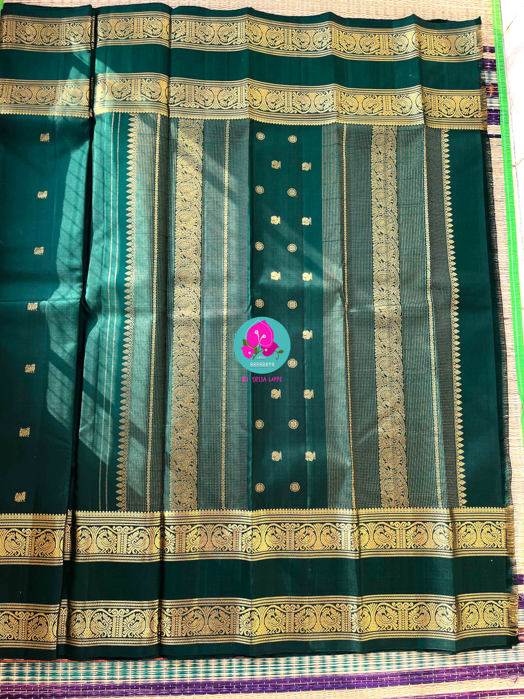 Kanchipuram 2g zari Emerald green vintage saree with gap border and blouse