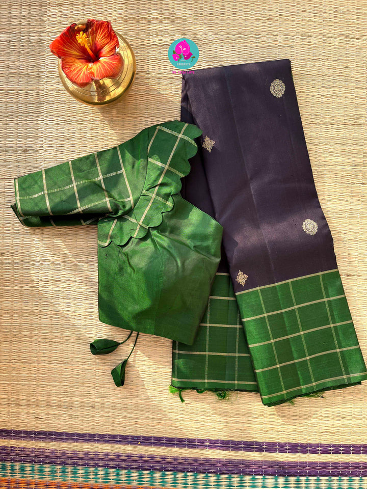 Midnight & Emerald: Navy Blue Kanjivaram with Contemporary Green Checks