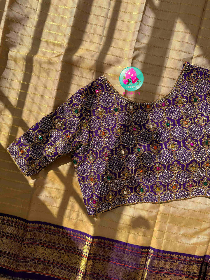 Celestial Gilded Luminance & Imperial Purple Opulence: Pure 3G Kanchipattu Silk Saree in Moonlit Gold Tissue with Vaira Oosi & Heavy Jewel-Embroidered Silk Blouse