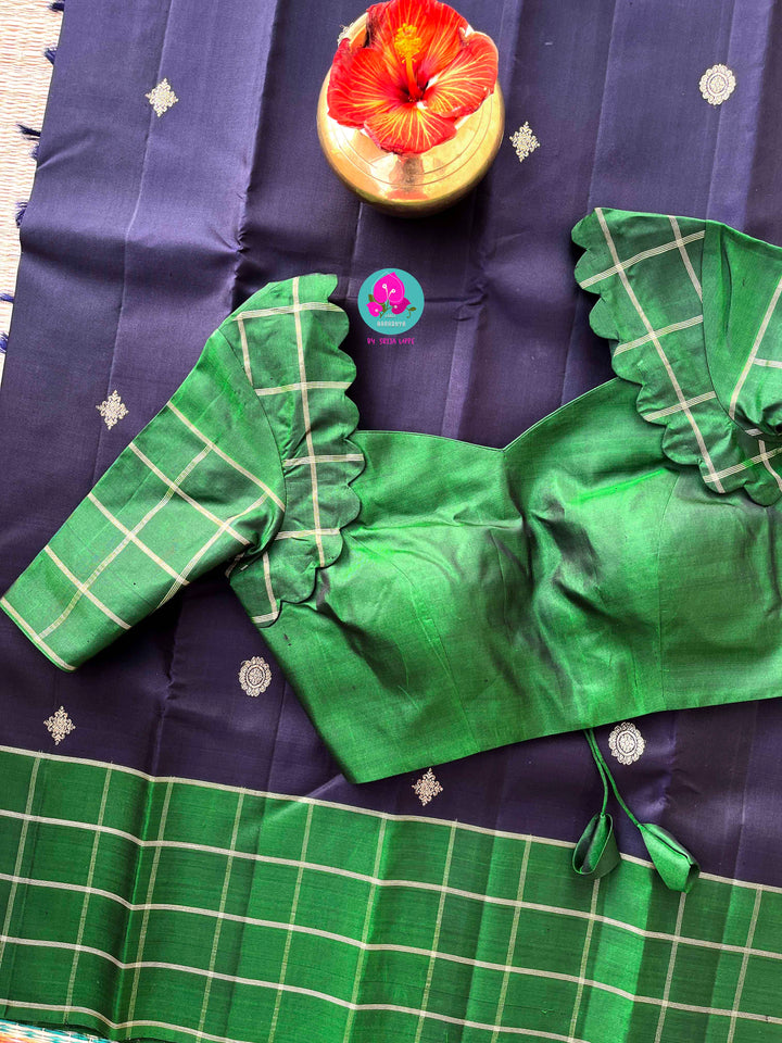Midnight & Emerald: Navy Blue Kanjivaram with Contemporary Green Checks