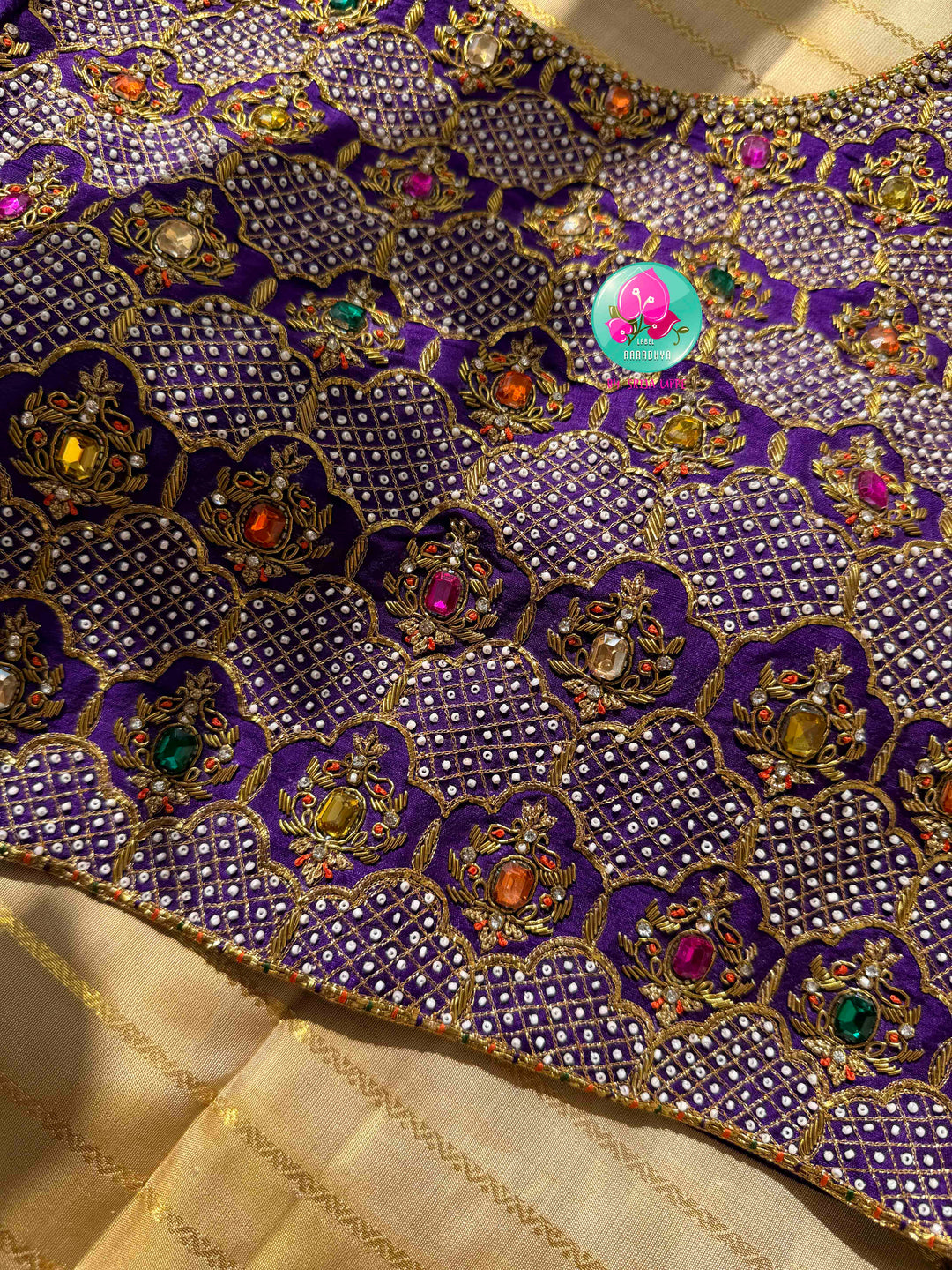 Celestial Gilded Luminance & Imperial Purple Opulence: Pure 3G Kanchipattu Silk Saree in Moonlit Gold Tissue with Vaira Oosi & Heavy Jewel-Embroidered Silk Blouse