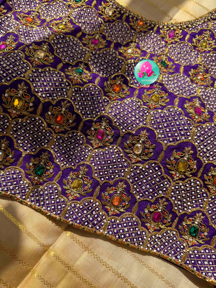 Celestial Gilded Luminance & Imperial Purple Opulence: Pure 3G Kanchipattu Silk Saree in Moonlit Gold Tissue with Vaira Oosi & Heavy Jewel-Embroidered Silk Blouse