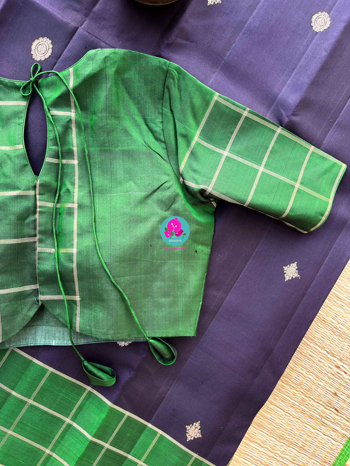 Midnight & Emerald: Navy Blue Kanjivaram with Contemporary Green Checks