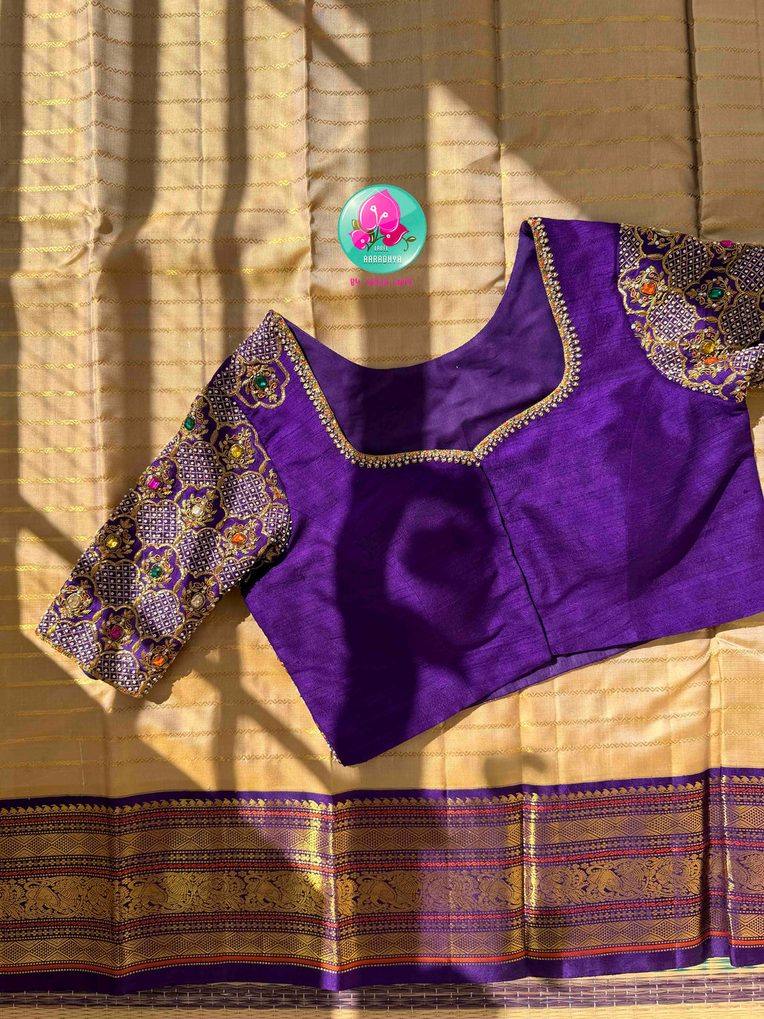 Celestial Gilded Luminance & Imperial Purple Opulence: Pure 3G Kanchipattu Silk Saree in Moonlit Gold Tissue with Vaira Oosi & Heavy Jewel-Embroidered Silk Blouse