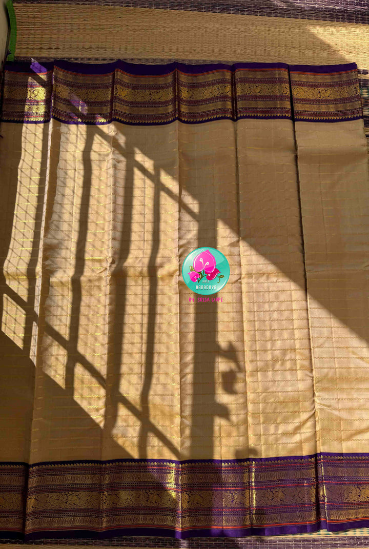 Celestial Gilded Luminance & Imperial Purple Opulence: Pure 3G Kanchipattu Silk Saree in Moonlit Gold Tissue with Vaira Oosi & Heavy Jewel-Embroidered Silk Blouse