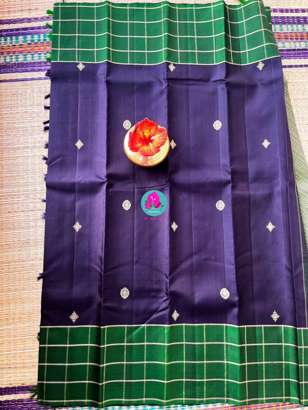 Midnight & Emerald: Navy Blue Kanjivaram with Contemporary Green Checks