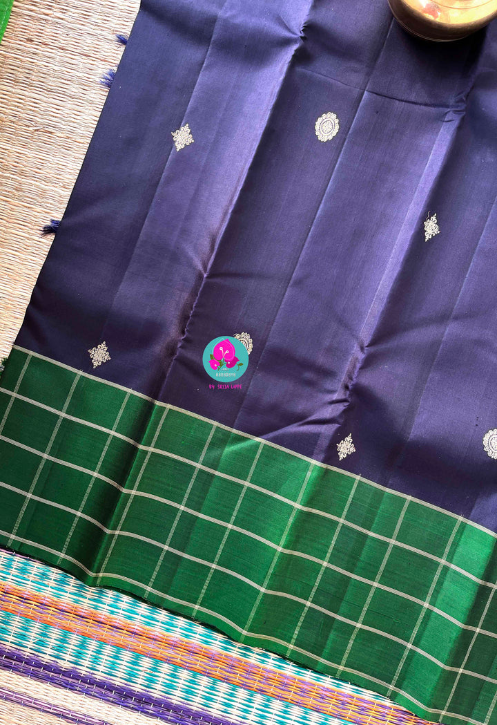 Midnight & Emerald: Navy Blue Kanjivaram with Contemporary Green Checks