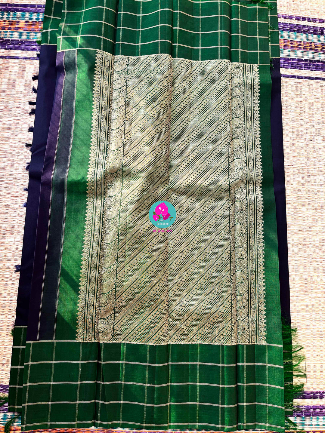 Midnight & Emerald: Navy Blue Kanjivaram with Contemporary Green Checks